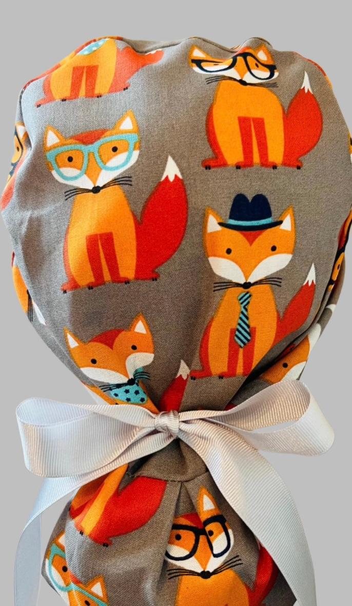 Ponytail Scrub Cap for Women | Fox Print Surgical Hat for Nurses &amp; Vet Techs | back view