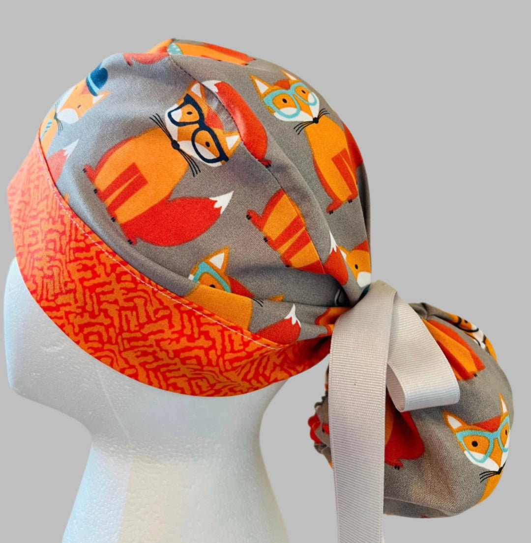 Ponytail Scrub Cap for Women | Fox Print Surgical Hat for Nurses &amp; Vet Techs | left view