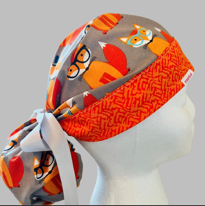Ponytail Scrub Cap for Women | Fox Print Surgical Hat for Nurses &amp; Vet Techs | right side view