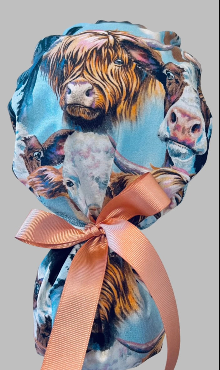 Ponytail Scrub Cap for Women | Highland Cow Surgical Hat | back view
