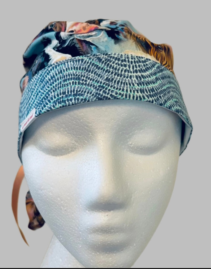 Ponytail Scrub Cap for Women | Highland Cow Surgical Hat | front view