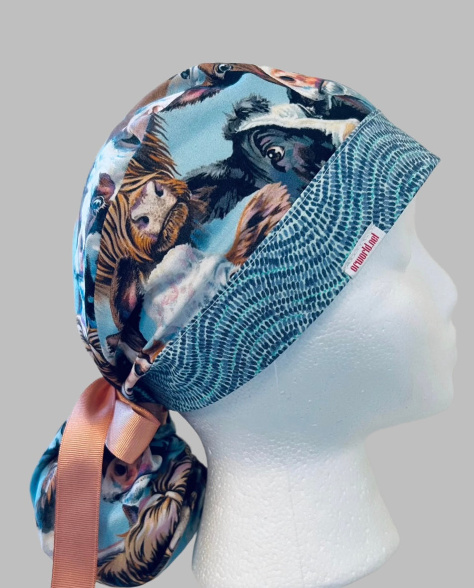Ponytail Scrub Cap for Women | Highland Cow Surgical Hat | right side view
