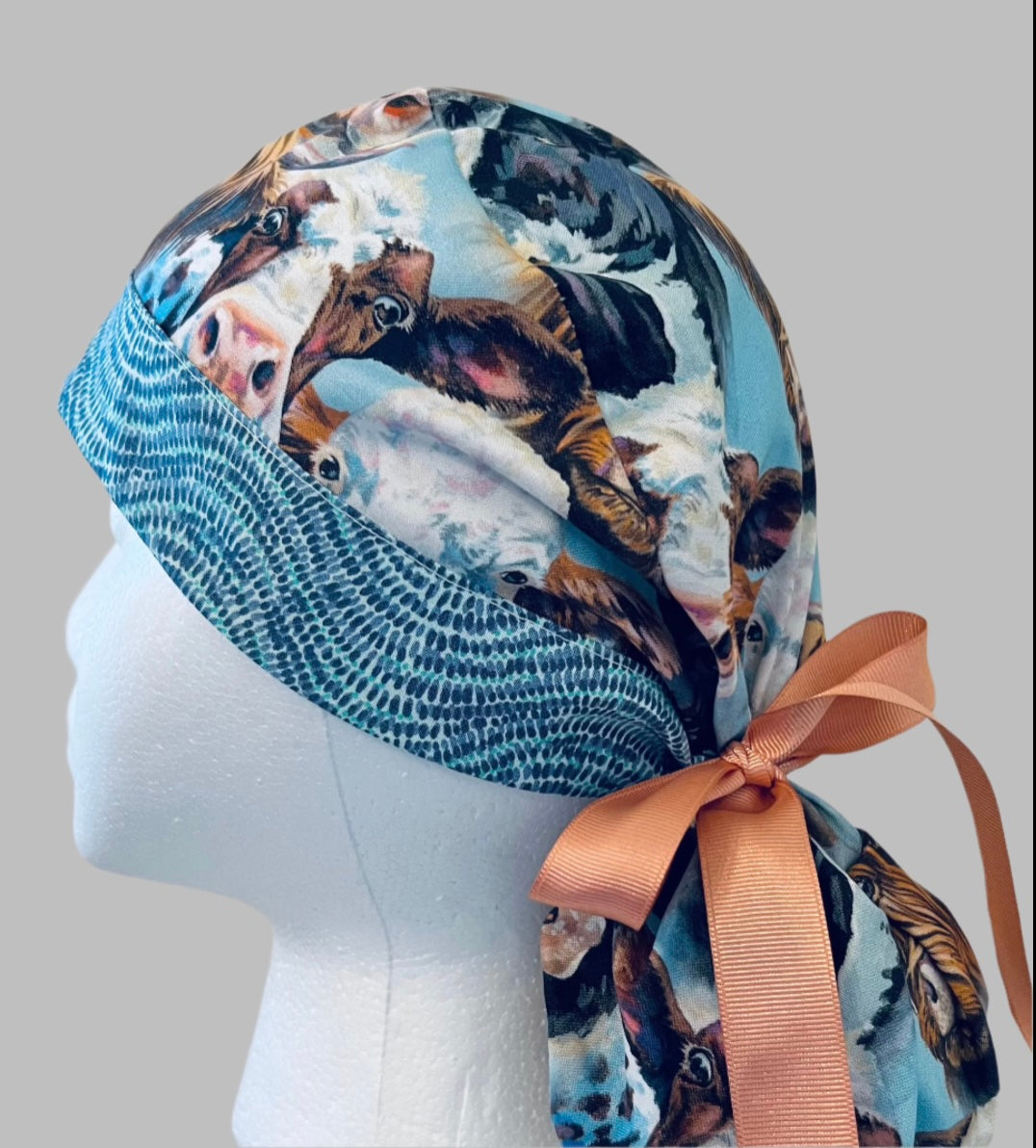 Ponytail Scrub Cap for Women | Highland Cow Surgical Hat | left side view