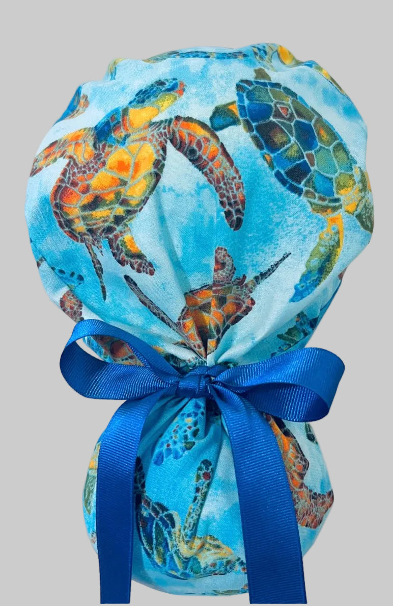 Ponytail Scrub Cap for Women Sea Turtle Tropical Ocean Surgical Hat Hawaiian Beach Nurse Scrub Cap Marine Life Scuba Diving Snorkeling Long Hair Adjustable OR World Scrub Caps back view