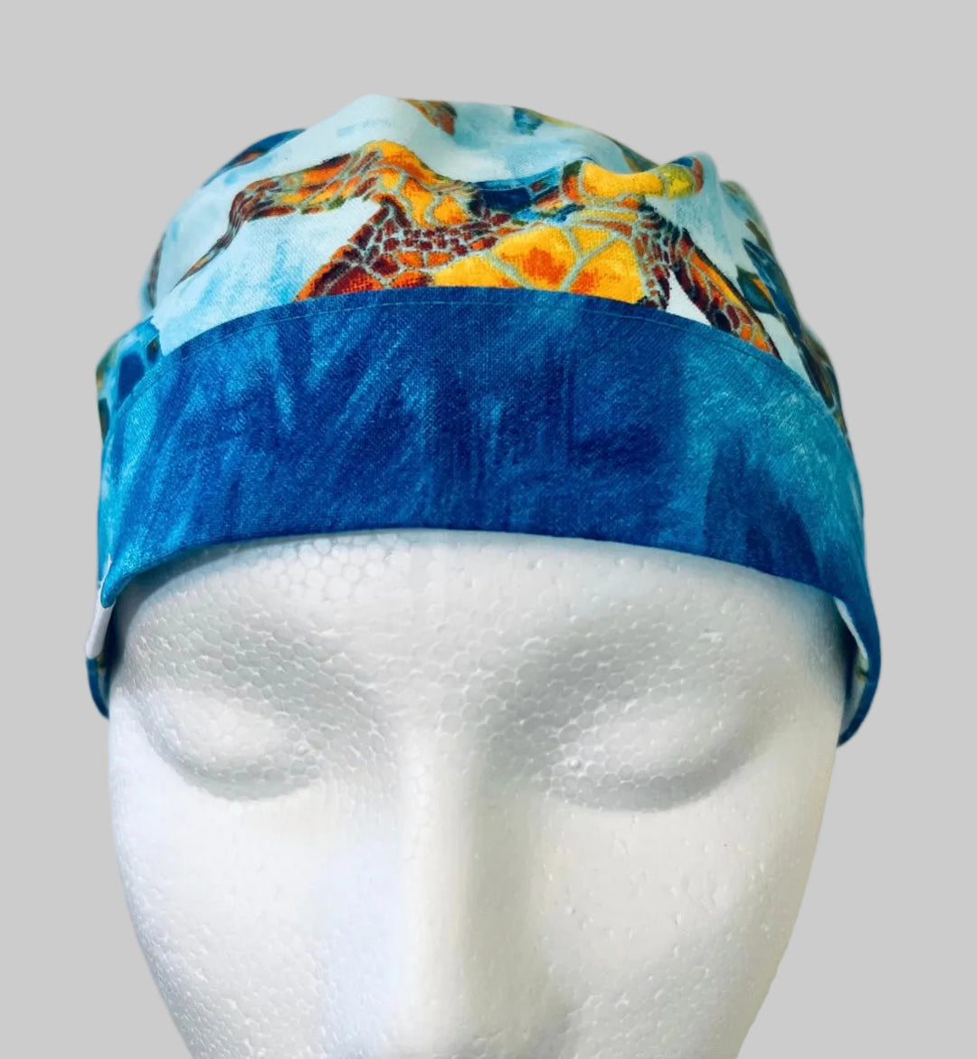 Ponytail Scrub Cap for Women Sea Turtle Tropical Ocean Surgical Hat Hawaiian Beach Nurse Scrub Cap Marine Life Scuba Diving Snorkeling Long Hair Adjustable OR World Scrub Caps front view