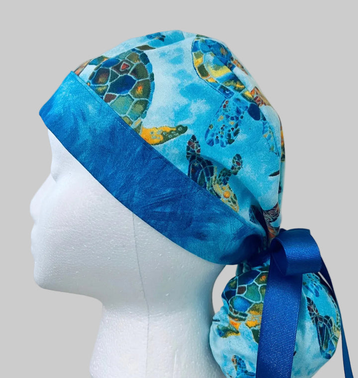 Ponytail Scrub Cap for Women Sea Turtle Tropical Ocean Surgical Hat Hawaiian Beach Nurse Scrub Cap Marine Life Scuba Diving Snorkeling Long Hair Adjustable OR World Scrub Caps left side view