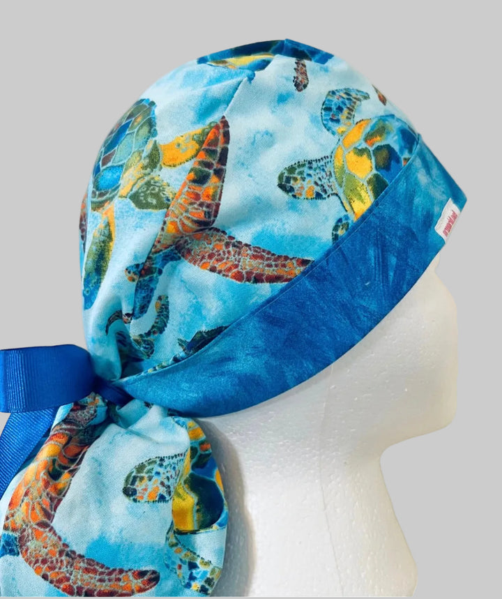 Ponytail Scrub Cap for Women Sea Turtle Tropical Ocean Surgical Hat Hawaiian Beach Nurse Scrub Cap Marine Life Scuba Diving Snorkeling Long Hair Adjustable OR World Scrub Caps right side view
