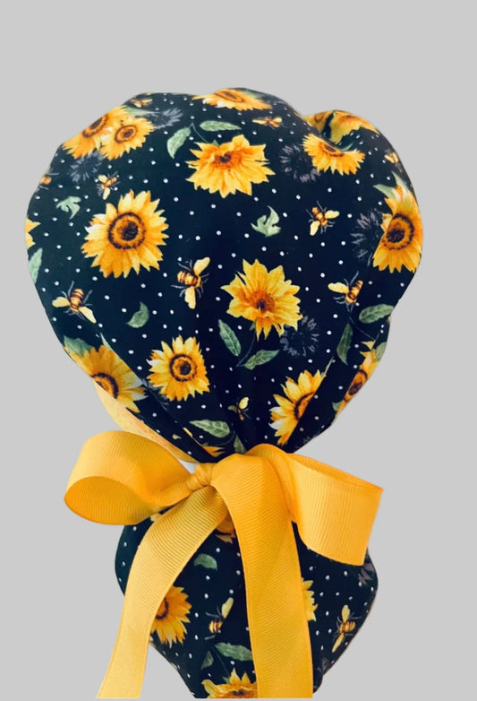 Ponytail Scrub Cap for Women Sunflower Bee Floral Surgical Hat Nurse Scrub Cap Honey Bee Flower Print Surgical Tech Scrub Cap Long Hair Adjustable Handmade OR World Scrub Caps back view