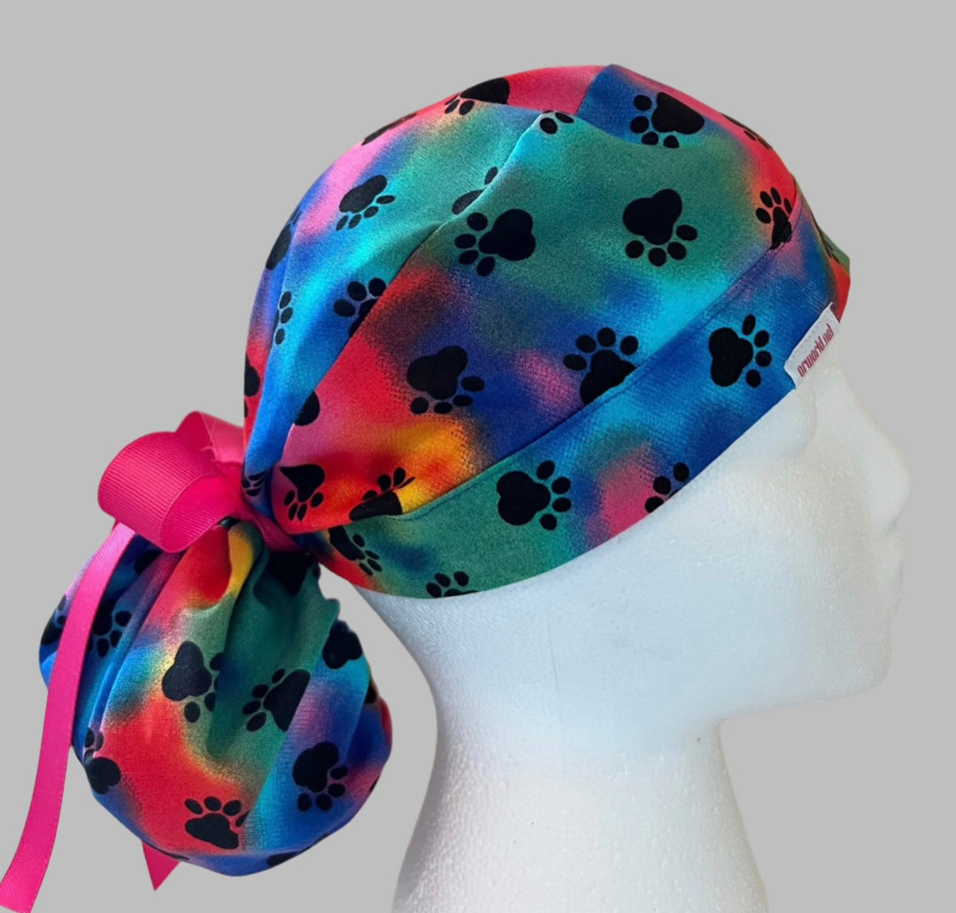 Ponytail Scrub Cap for Women | Tie Dye Puppy Paw Rainbow Surgical Hat |right side view