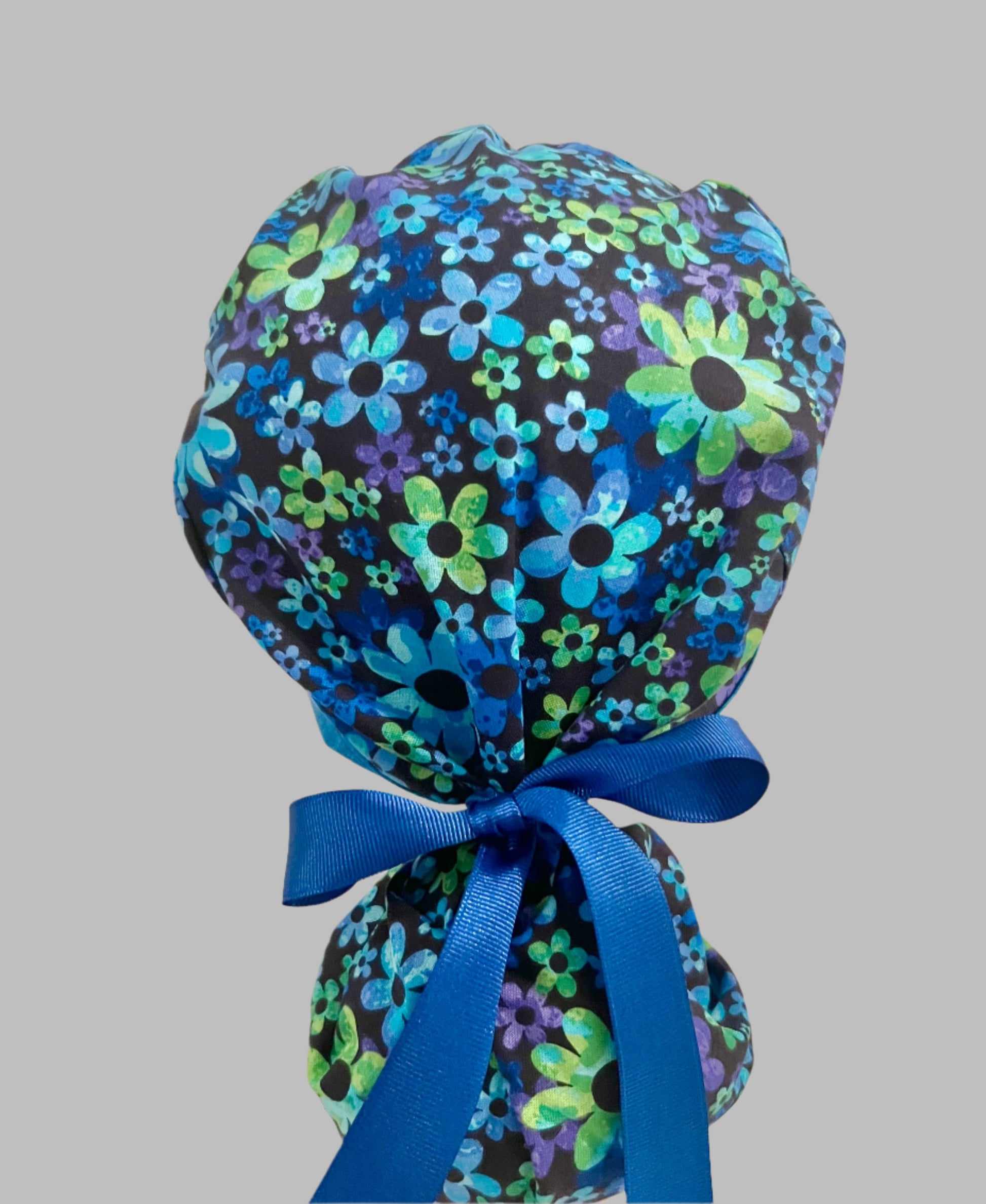 Ponytail Style Hat - Blue and Lime flowers