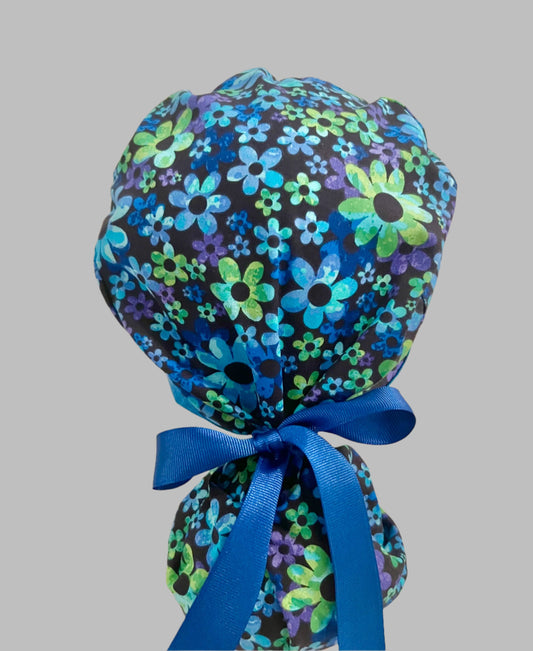 Ponytail Style Hat - Blue and Lime flowers