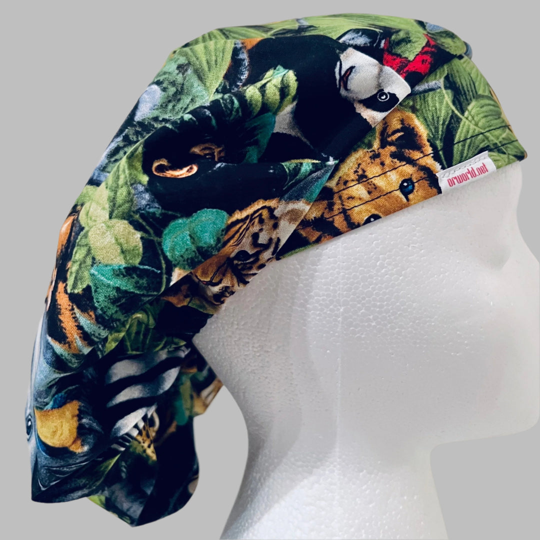 Bouffant Scrub Cap Safari Jungle Animals | Adjustable Women’s Surgical Hat | Tiger Giraffe Panda Elephant Print