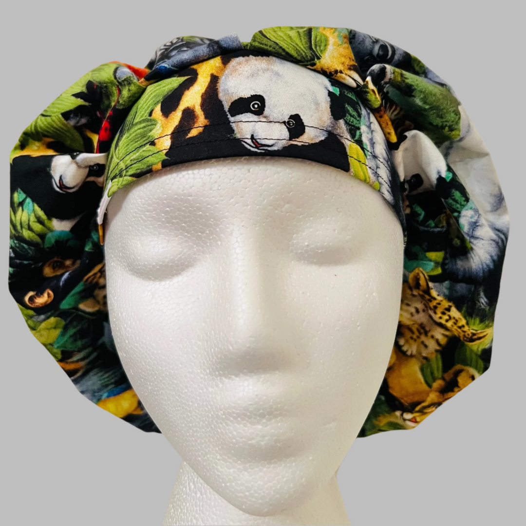 Bouffant Scrub Cap Safari Jungle Animals | Adjustable Women’s Surgical Hat | Tiger Giraffe Panda Elephant Print