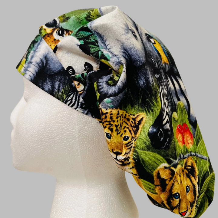 Bouffant Scrub Cap Safari Jungle Animals | Adjustable Women’s Surgical Hat | Tiger Giraffe Panda Elephant Print