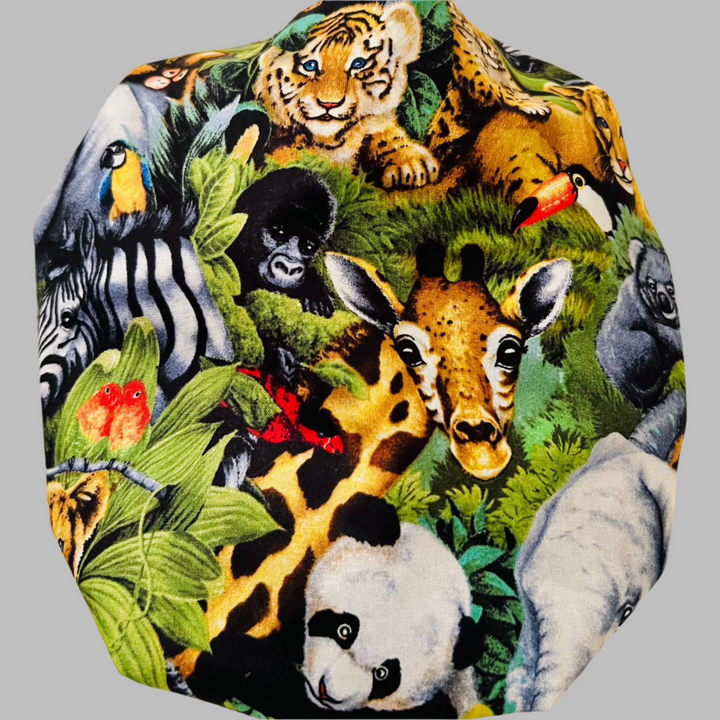 Bouffant Scrub Cap Safari Jungle Animals | Adjustable Women’s Surgical Hat | Tiger Giraffe Panda Elephant Print
