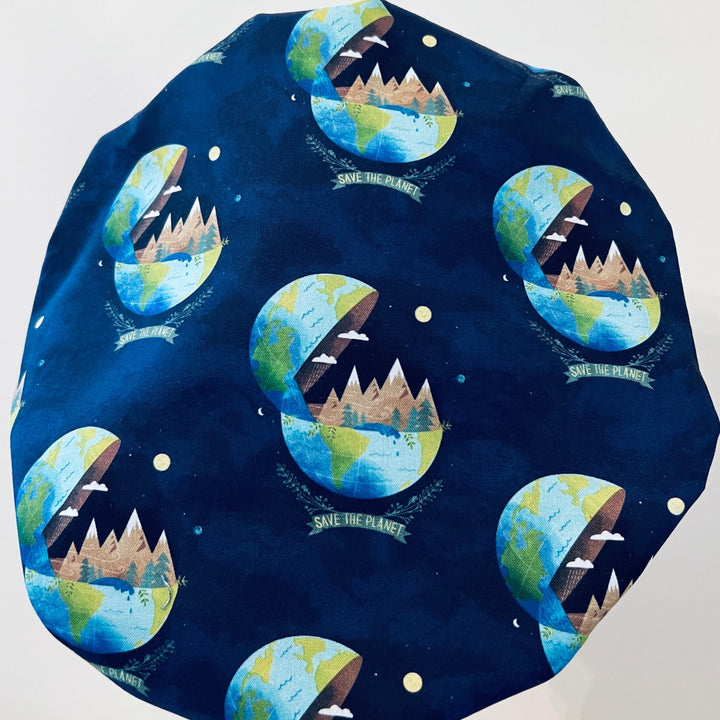 Navy blue earth &amp; trees Save the Planet bouffant scrub cap — handmade-in-USA OR World unisex surgical hat with room for long hair.