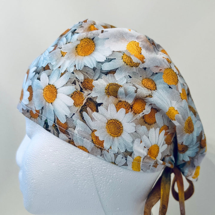 Daisy Floral Scrub Cap – White &amp; Yellow Flower Surgical Cap – Bouffant, Ponytail, Euro Styles for Nurses &amp; Medical Professionals
