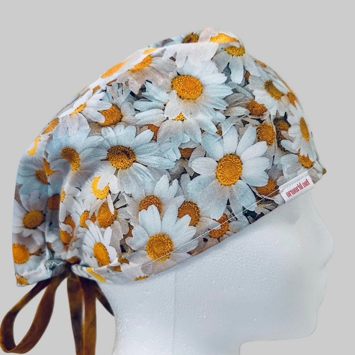 Daisy Floral Scrub Cap – White &amp; Yellow Flower Surgical Cap – Bouffant, Ponytail, Euro Styles for Nurses &amp; Medical Professionals