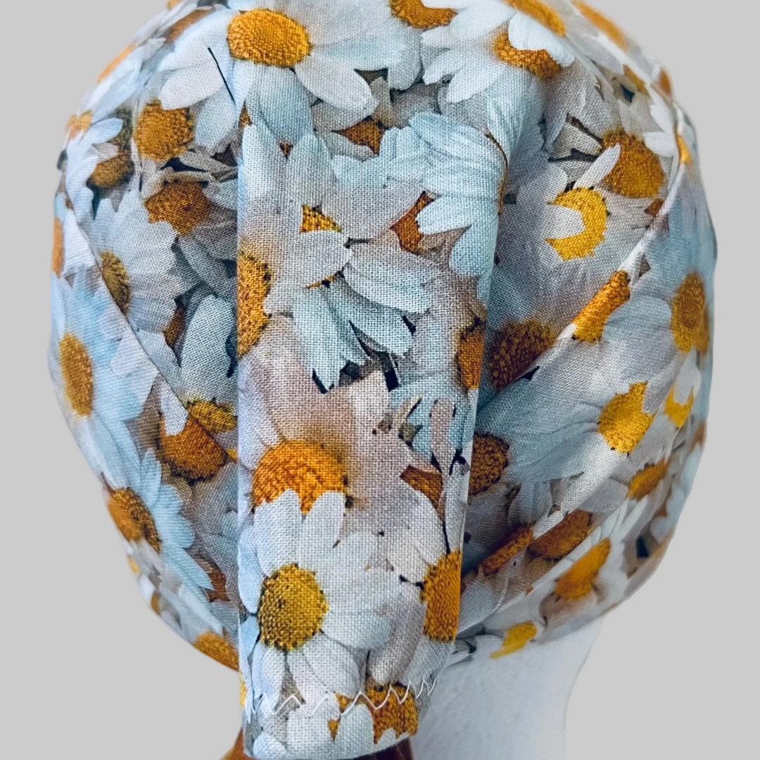 Daisy Floral Scrub Cap – White &amp; Yellow Flower Surgical Cap – Bouffant, Ponytail, Euro Styles for Nurses &amp; Medical Professionals