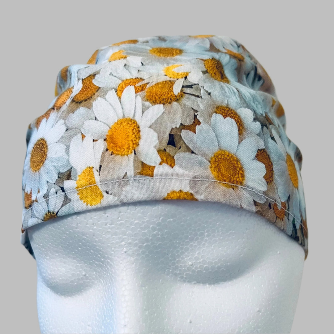 Daisy Floral Scrub Cap – White &amp; Yellow Flower Surgical Cap – Bouffant, Ponytail, Euro Styles for Nurses &amp; Medical Professionals