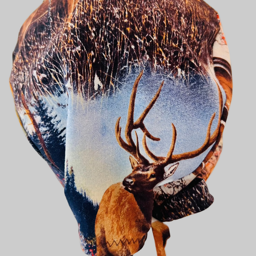 Scrub Cap Elk & Moose Woodland Wildlife Surgical Hat | Adjustable OR Cap for Nurses & Surgeons | Satin Lining Option
