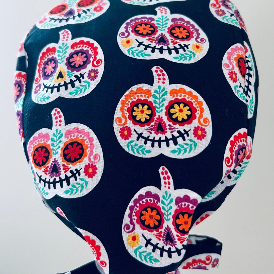 Sugar Skull Scrub Cap | Day of the Dead Surgical Cap | Colorful Floral Skull Nurse Hat | Halloween Medical Cap | Tie Back Scrub Hat