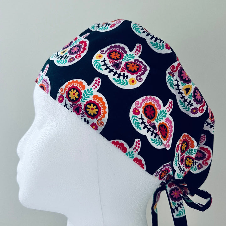 Sugar Skull Scrub Cap | Day of the Dead Surgical Cap | Colorful Floral Skull Nurse Hat | Halloween Medical Cap | Tie Back Scrub Hat