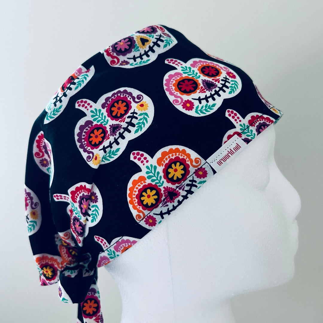 Sugar Skull Scrub Cap | Day of the Dead Surgical Cap | Colorful Floral Skull Nurse Hat | Halloween Medical Cap | Tie Back Scrub Hat