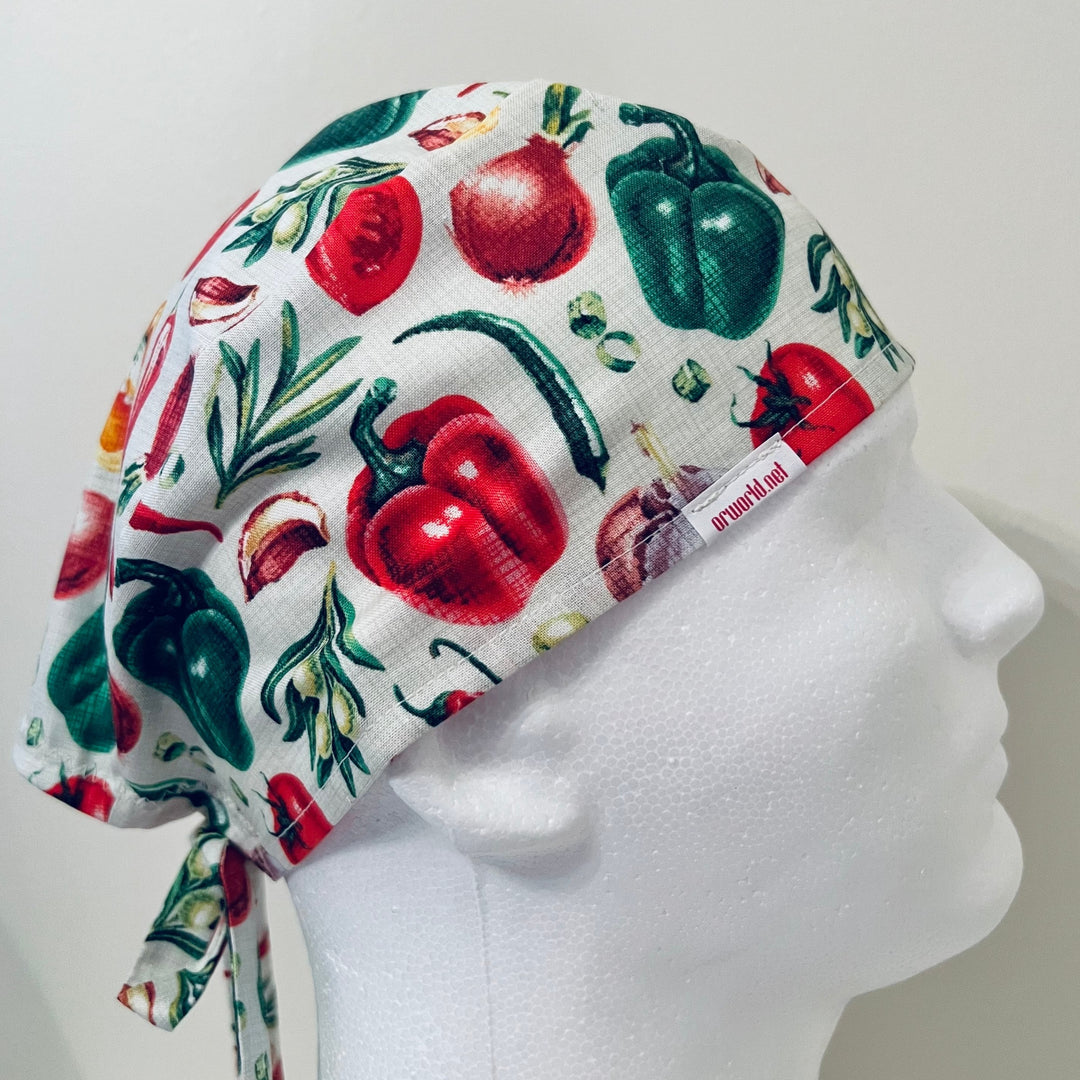 Vegetable Scrub Cap | Foodie Surgical Cap | Tomato Pepper Herb Print | Chef Style OR Cap | Men’s Tie Back Scrub Hat