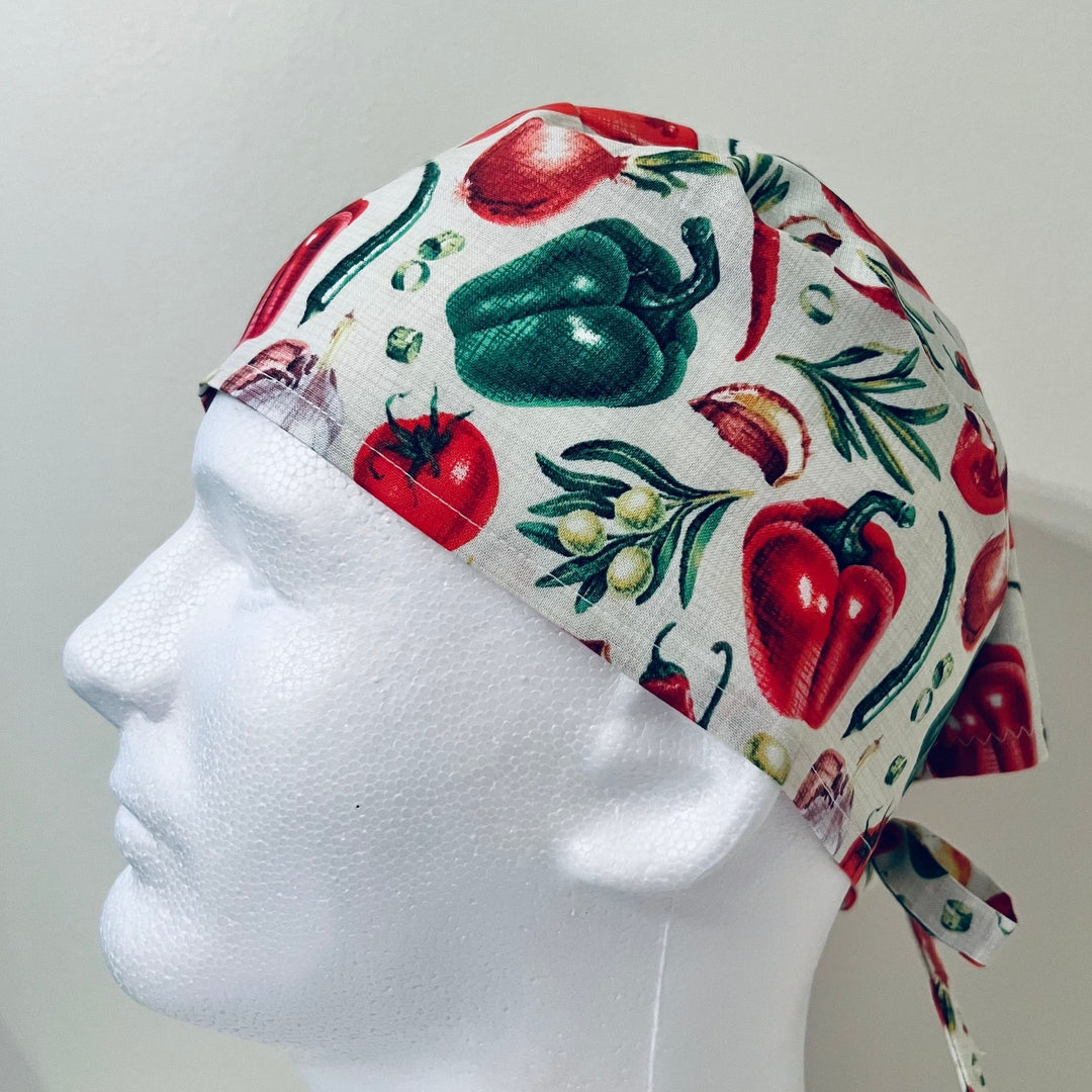 Vegetable Scrub Cap | Foodie Surgical Cap | Tomato Pepper Herb Print | Chef Style OR Cap | Men’s Tie Back Scrub Hat