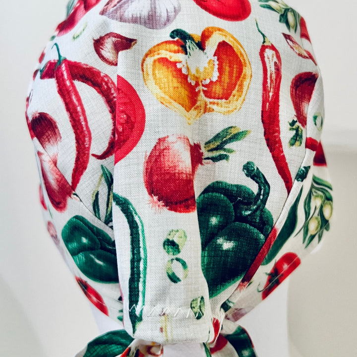 Vegetable Scrub Cap | Foodie Surgical Cap | Tomato Pepper Herb Print | Chef Style OR Cap | Men’s Tie Back Scrub Hat