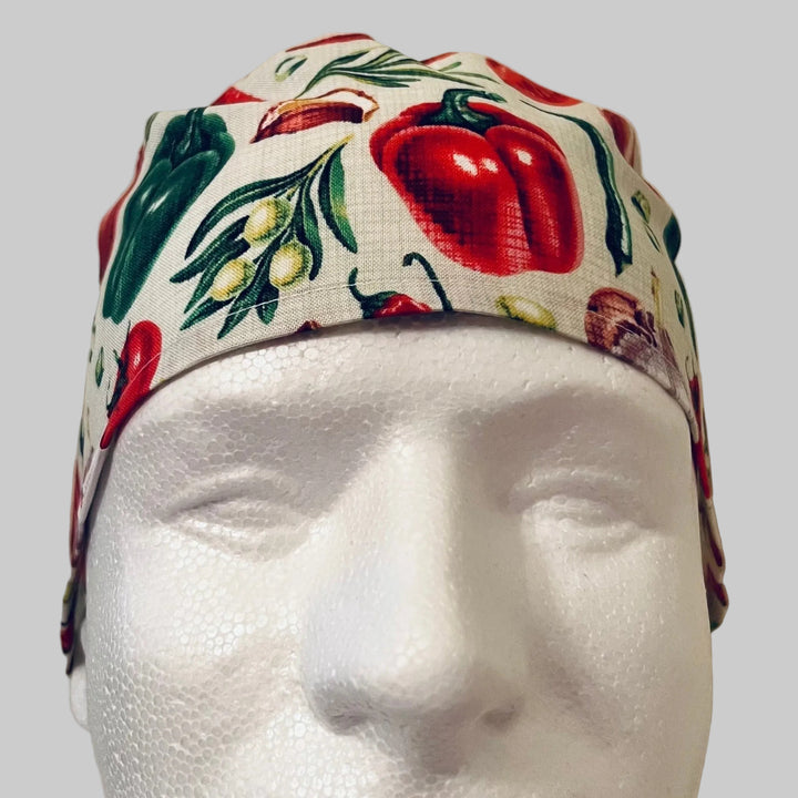 Vegetable Scrub Cap | Foodie Surgical Cap | Tomato Pepper Herb Print | Chef Style OR Cap | Men’s Tie Back Scrub Hat