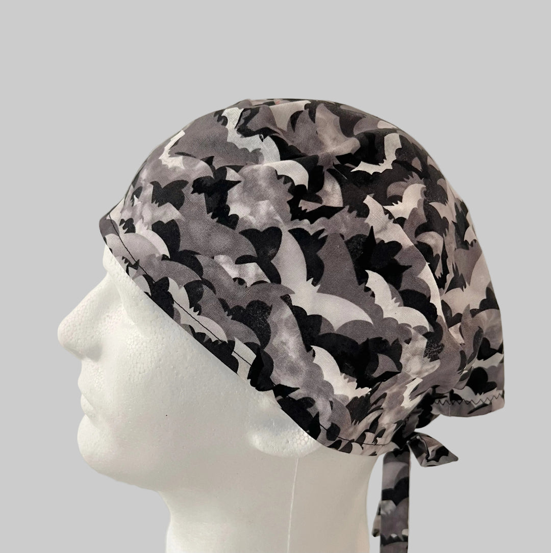 Scrub Cap Halloween Bats Surgical Hat | Fall Nurse Cap, Cute Halloween Nurse Hat, Autumn OR Cap | left side view