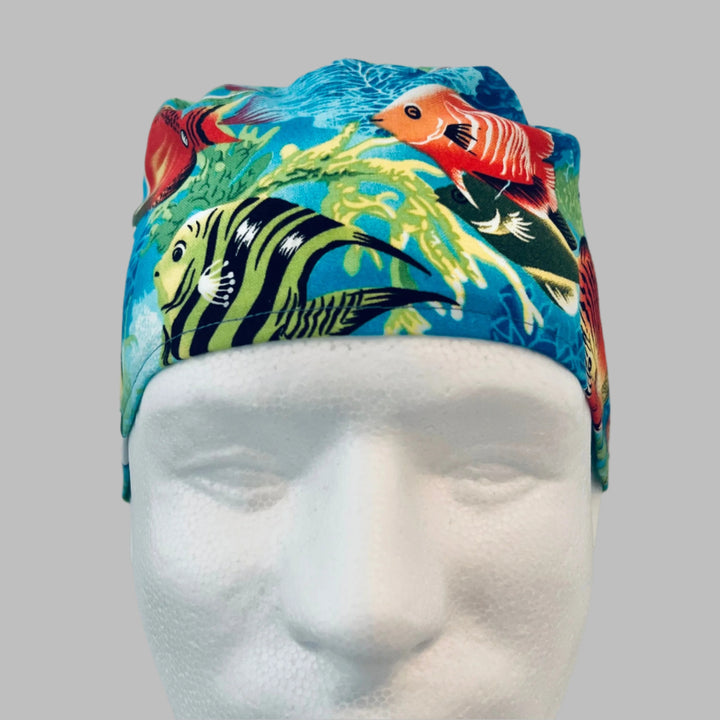 Tropical Reef Fish Scrub Cap | Ocean Sea Life Surgical Cap | Colorful Aquarium Fish Tie Back Hat