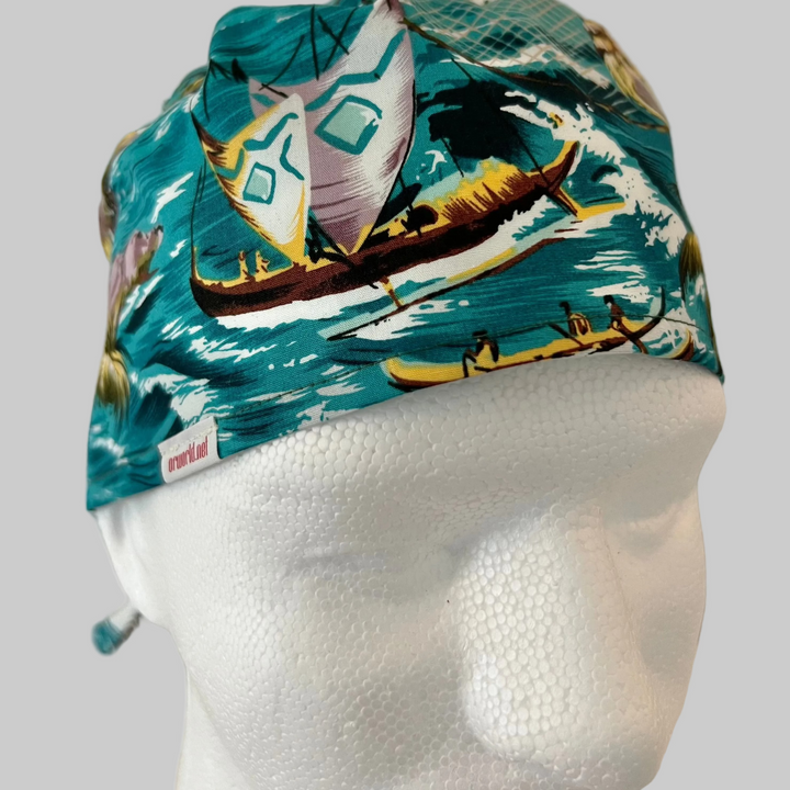 Polynesian Canoe Scrub Cap | Island Fishing &amp; Sailing Surgical Cap | Tropical Culture Nurse Hat | Adjustable OR Cap