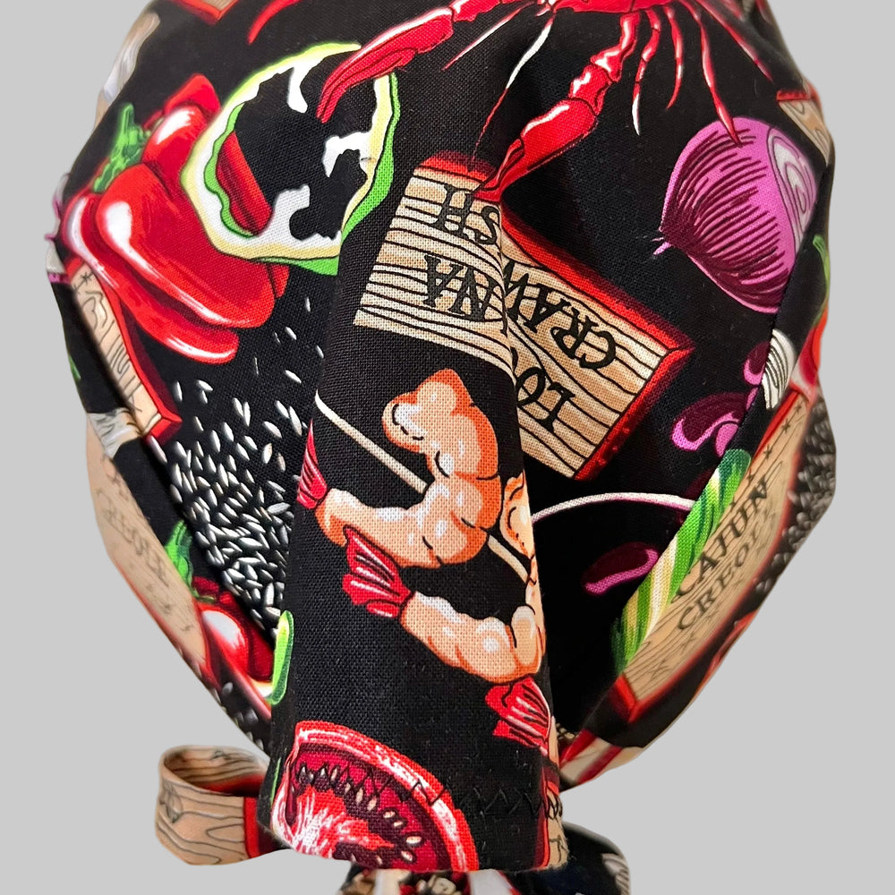 Spicy Chili Pepper Scrub Cap – Hot Sauce Food Print Surgical Cap – Chef & Nurse Foodie Hat – Men’s Tie Back Scrub Cap