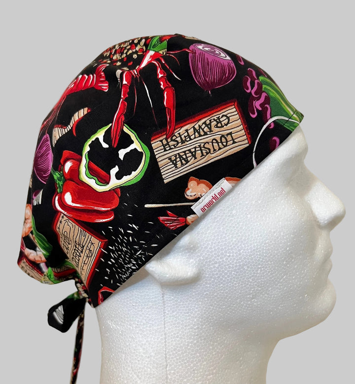 Spicy Chili Pepper Scrub Cap – Hot Sauce Food Print Surgical Cap – Chef &amp; Nurse Foodie Hat – Men’s Tie Back Scrub Cap