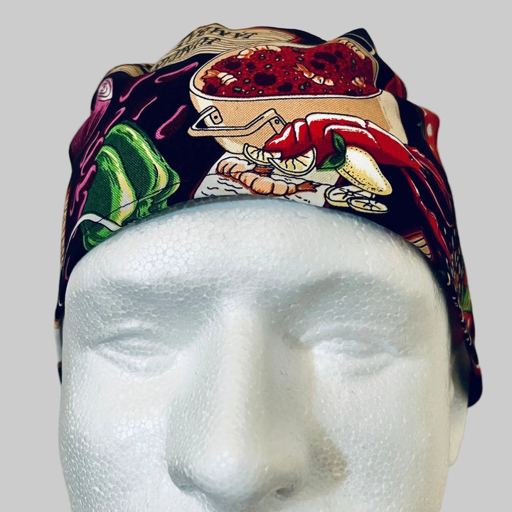 Spicy Chili Pepper Scrub Cap – Hot Sauce Food Print Surgical Cap – Chef &amp; Nurse Foodie Hat – Men’s Tie Back Scrub Cap