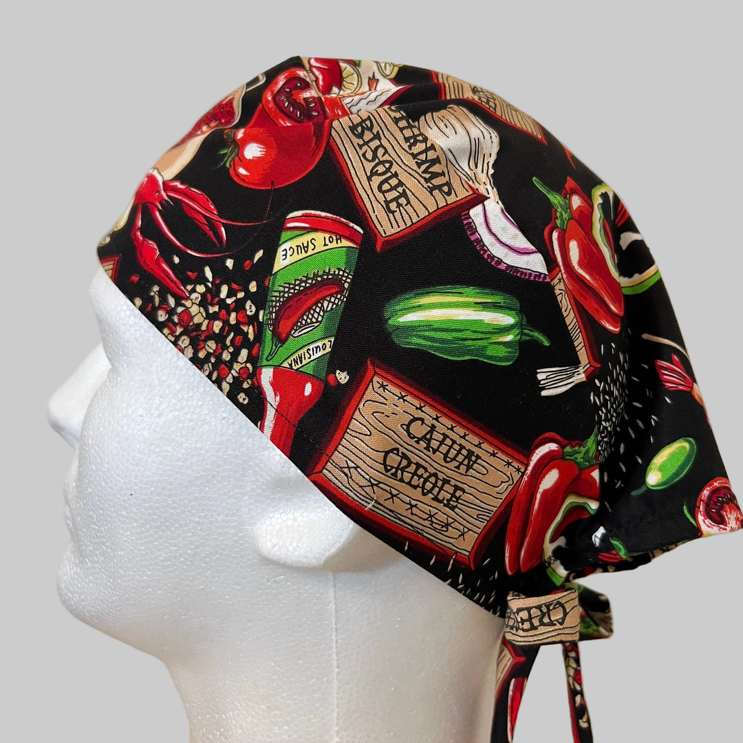 Spicy Chili Pepper Scrub Cap – Mexico Hot Sauce Food Print Surgical Cap – Chef & Nurse Foodie Hat – Men’s Tie Back Scrub Cap