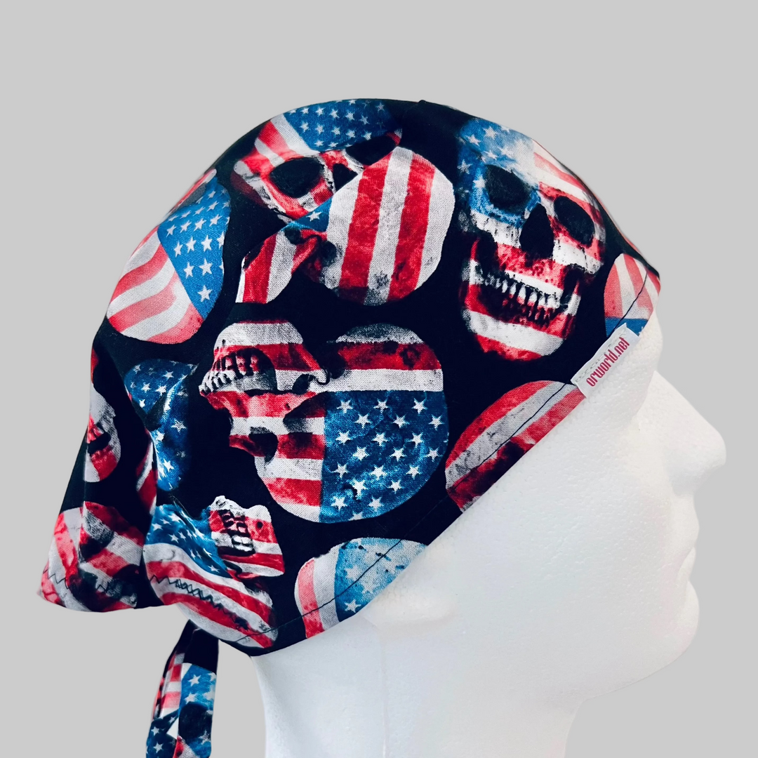 Patriotic Skull Scrub Cap – American Flag Skull Surgical Hat – Red White Blue Tie Back Scrub Cap for Men Nurse Doctor OR Hat