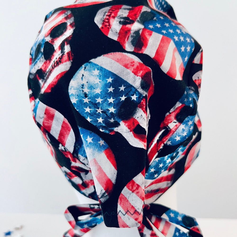 Patriotic Skull Scrub Cap – American Flag Skull Surgical Hat – Red White Blue Tie Back Scrub Cap for Men Nurse Doctor OR Hat