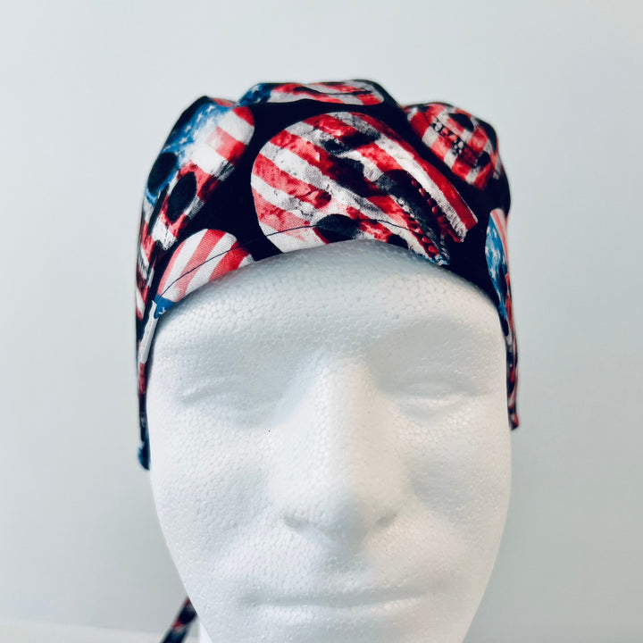 Patriotic Skull Scrub Cap – American Flag Skull Surgical Hat – Red White Blue Tie Back Scrub Cap for Men Nurse Doctor OR Hat