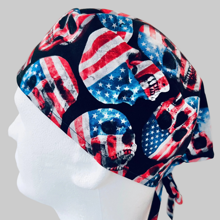 Patriotic Skull Scrub Cap – American Flag Skull Surgical Hat – Red White Blue Tie Back Scrub Cap for Men Nurse Doctor OR Hat