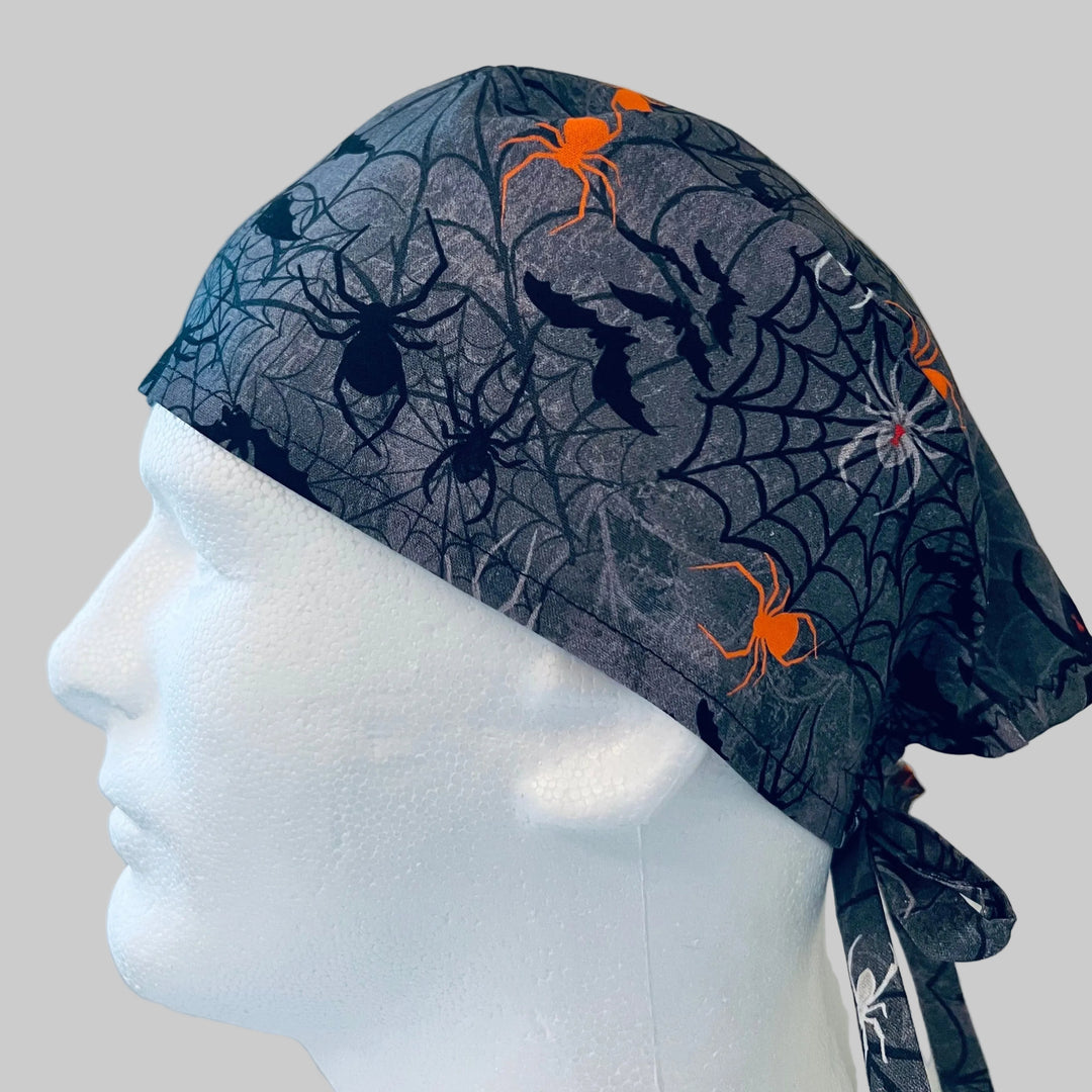 Scrub Cap Halloween Spider Surgical Hat | Fall Nurse Cap, Autumn OR Cap, Cute Halloween Scrub Hat | left side view