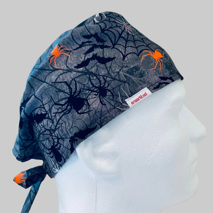 Scrub Cap Halloween Spider Surgical Hat | Fall Nurse Cap, Autumn OR Cap, Cute Halloween Scrub Hat | right side view