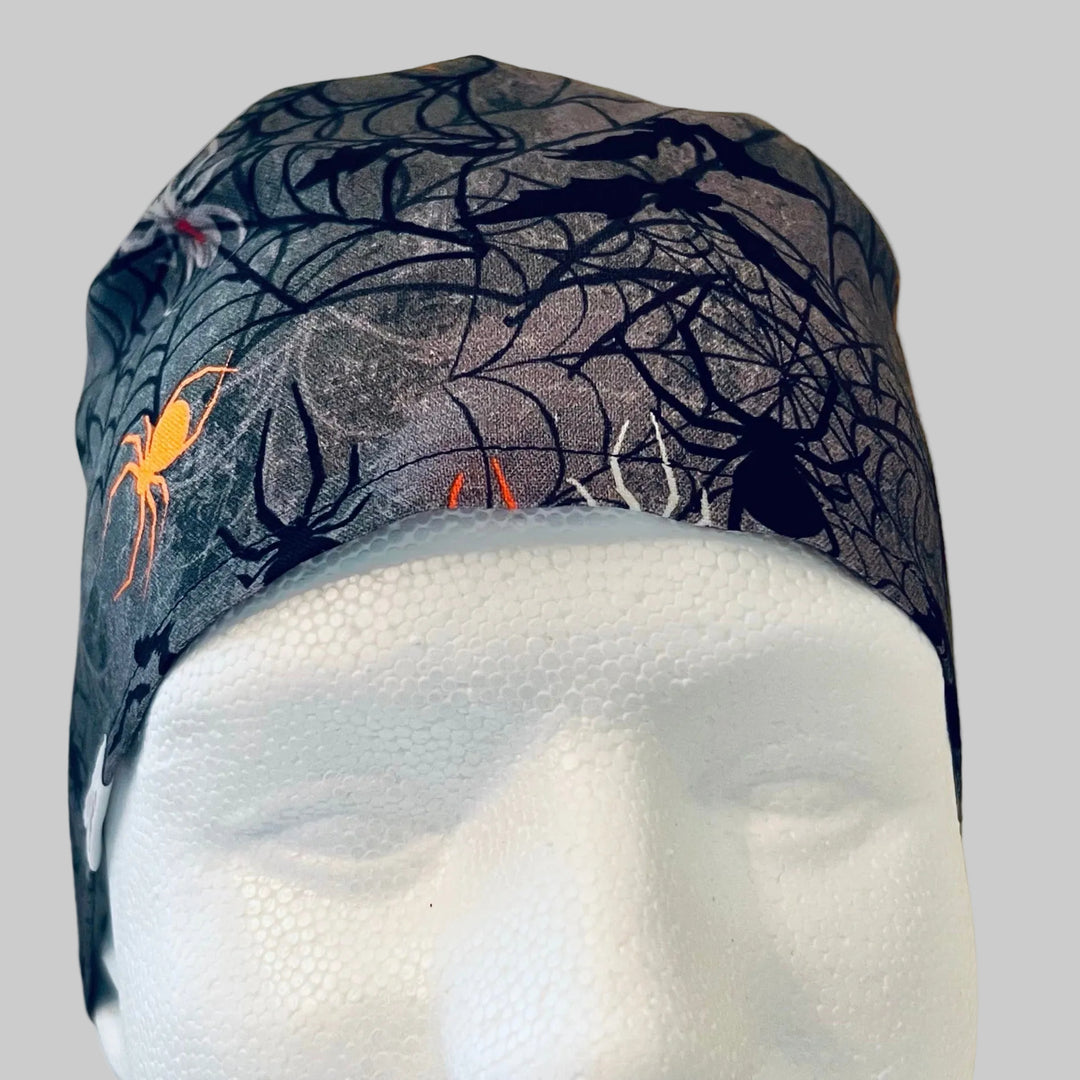 Scrub Cap Halloween Spider Surgical Hat | Fall Nurse Cap, Autumn OR Cap, Cute Halloween Scrub Hat |  front view
