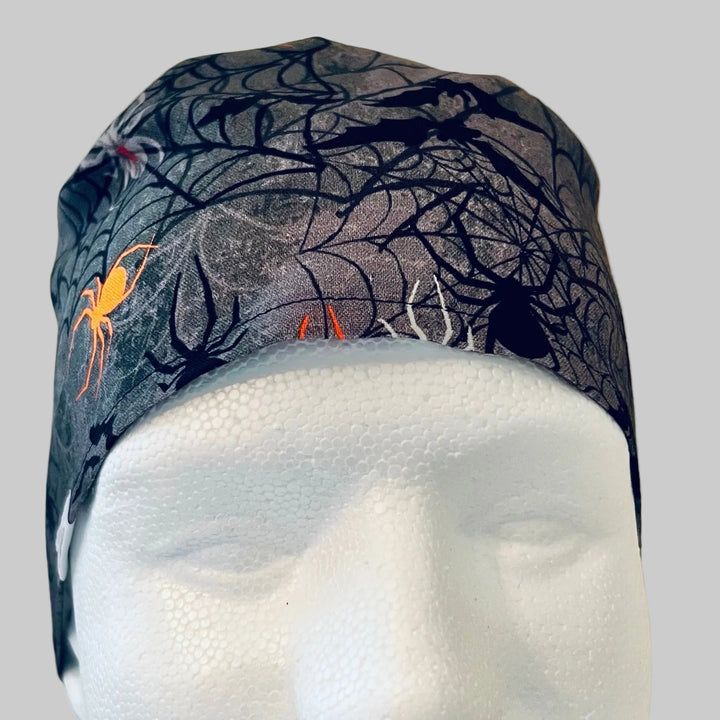 Scrub Cap Halloween Spider Surgical Hat | Fall Nurse Cap, Autumn OR Cap, Cute Halloween Scrub Hat |  front view