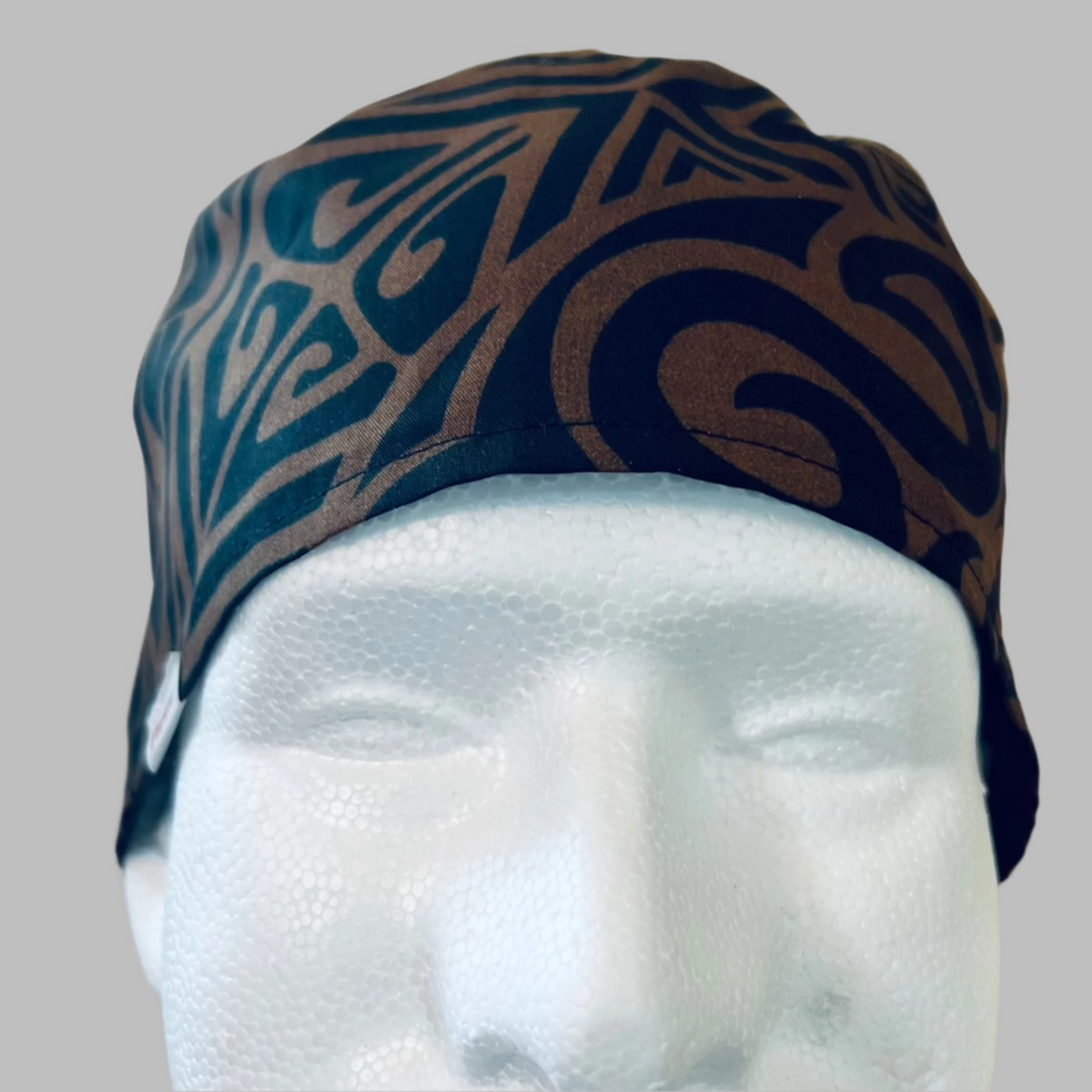 Hawaiian Tribal Scrub Cap – Brown &amp; Black Tropical Surgical Hat for Men &amp; Women