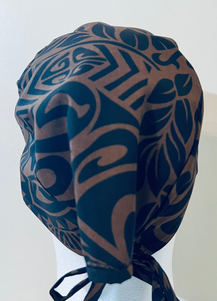 Hawaiian Tribal Scrub Cap – Brown &amp; Black Tropical Surgical Hat for Men &amp; Women