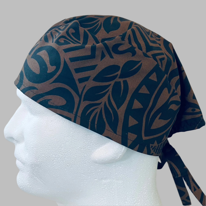 Hawaiian Tribal Scrub Cap – Brown &amp; Black Tropical Surgical Hat for Men &amp; Women